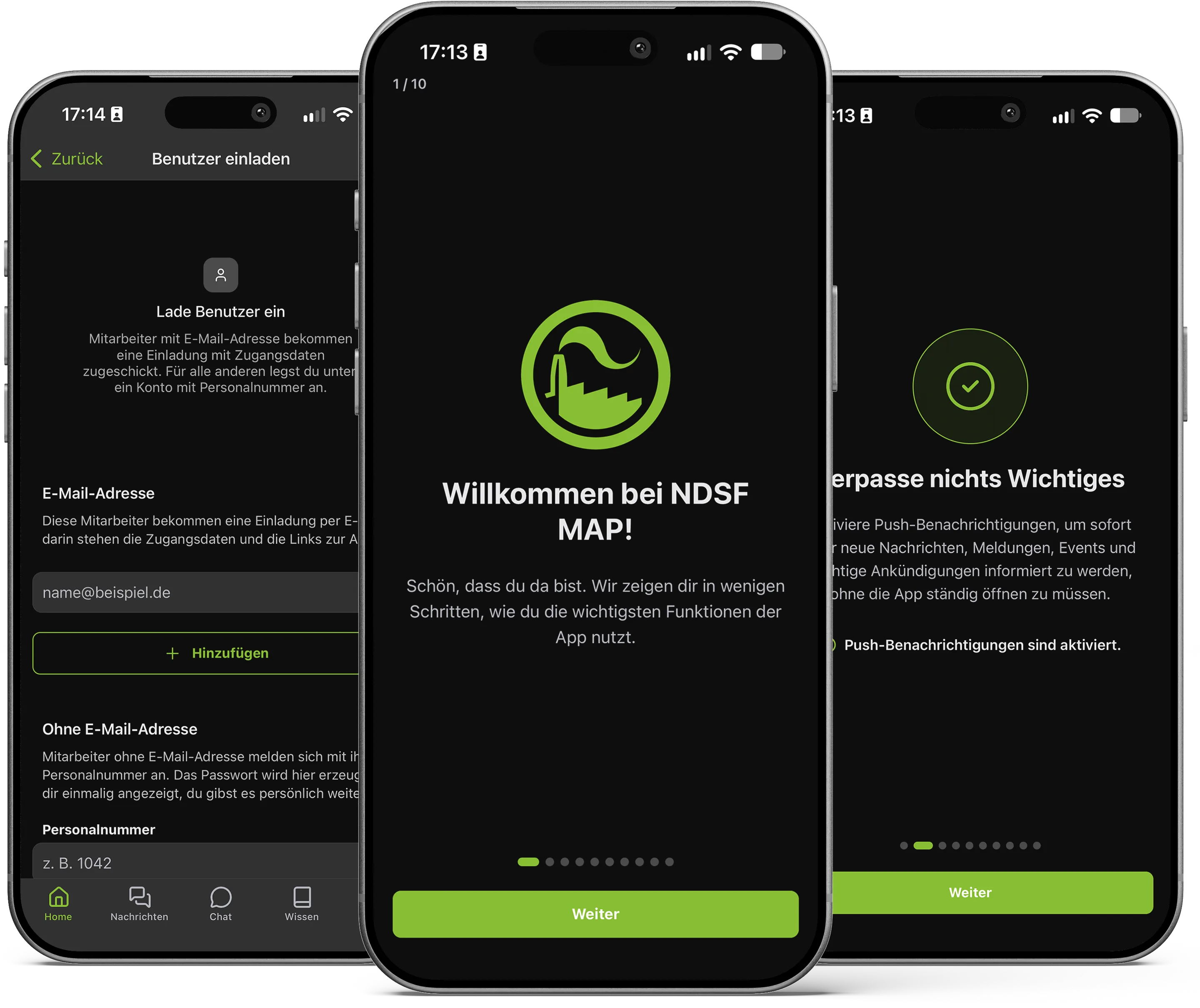 Der Start in der App: Mitarbeiter per E-Mail oder Personalnummer einladen, Begrüßung der App-Tour, Push-Benachrichtigungen aktivieren