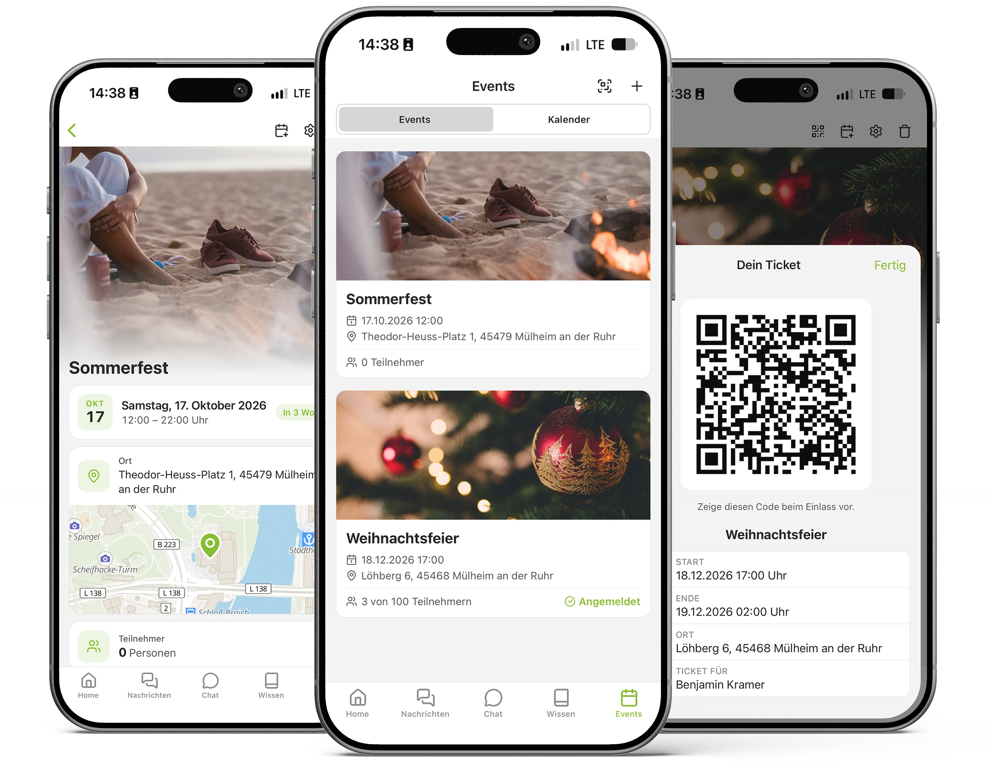 Veranstaltungen in der App: Event mit Termin und Ort auf der Karte, Eventliste mit Teilnehmerzahl, QR-Ticket für den Einlass