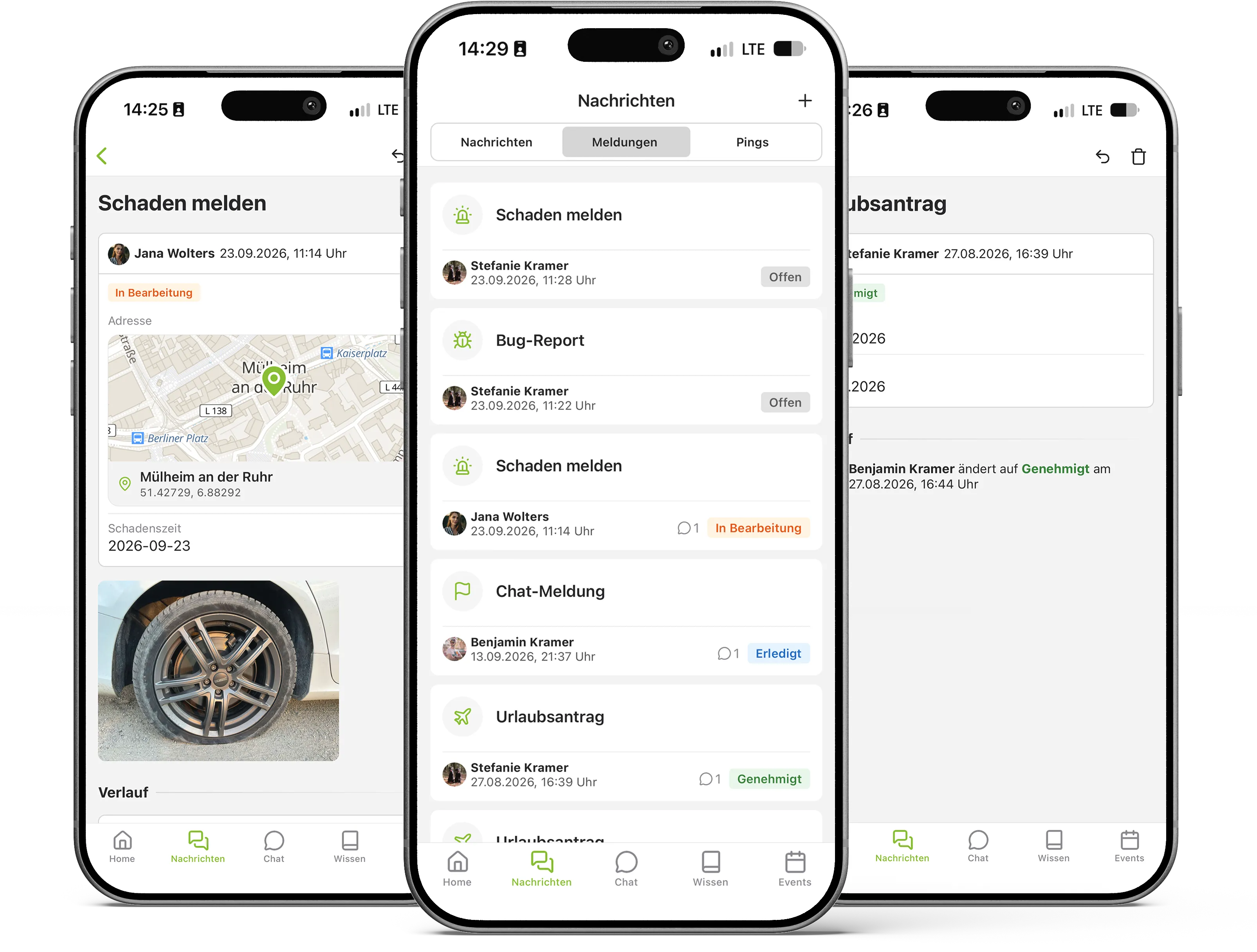 Meldungen in der App: Schadensmeldung mit Standort und Foto, Liste mit Status, genehmigter Urlaubsantrag