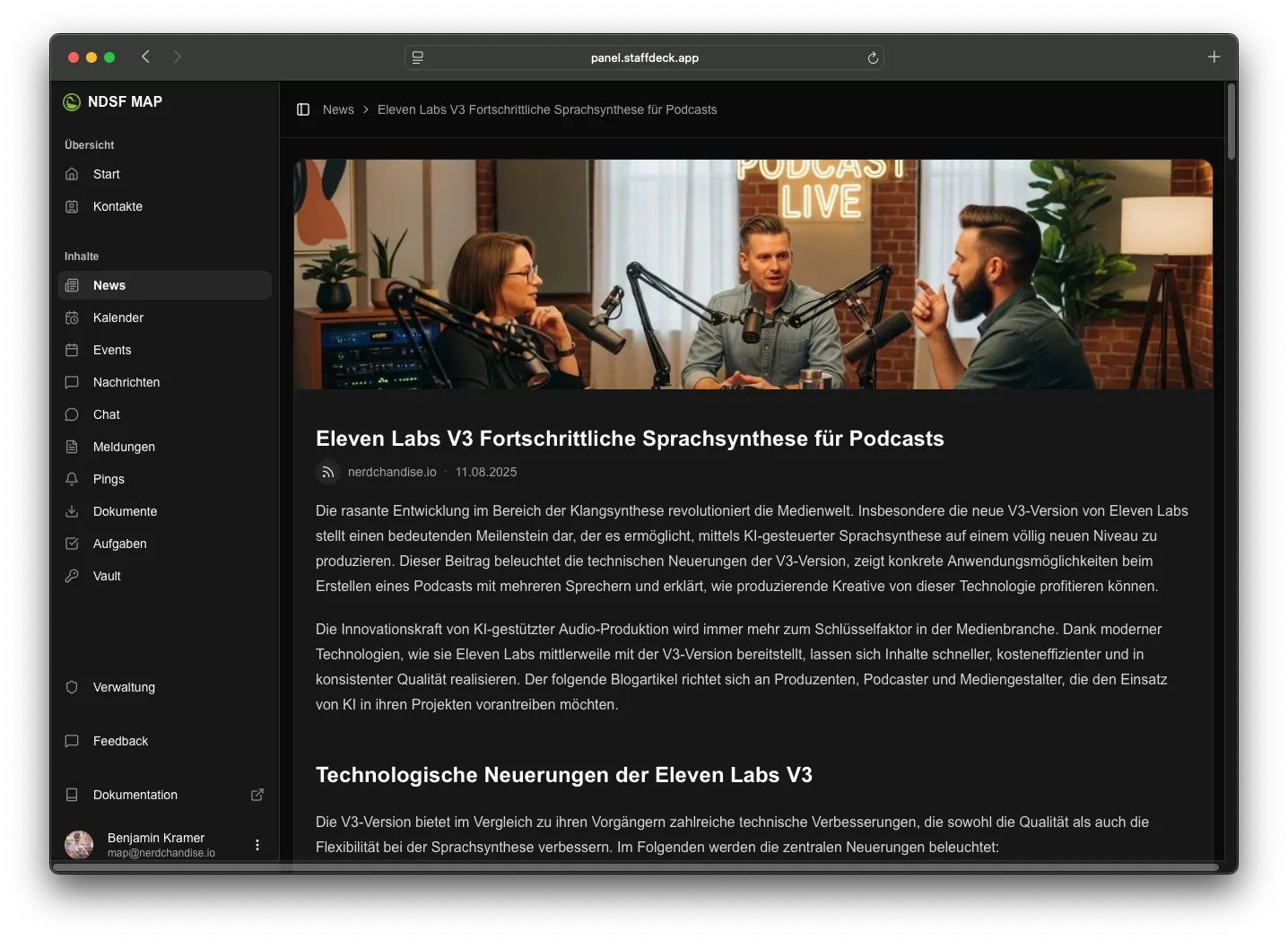 Ein News-Beitrag in der Webversion mit Titelbild und formatiertem Text