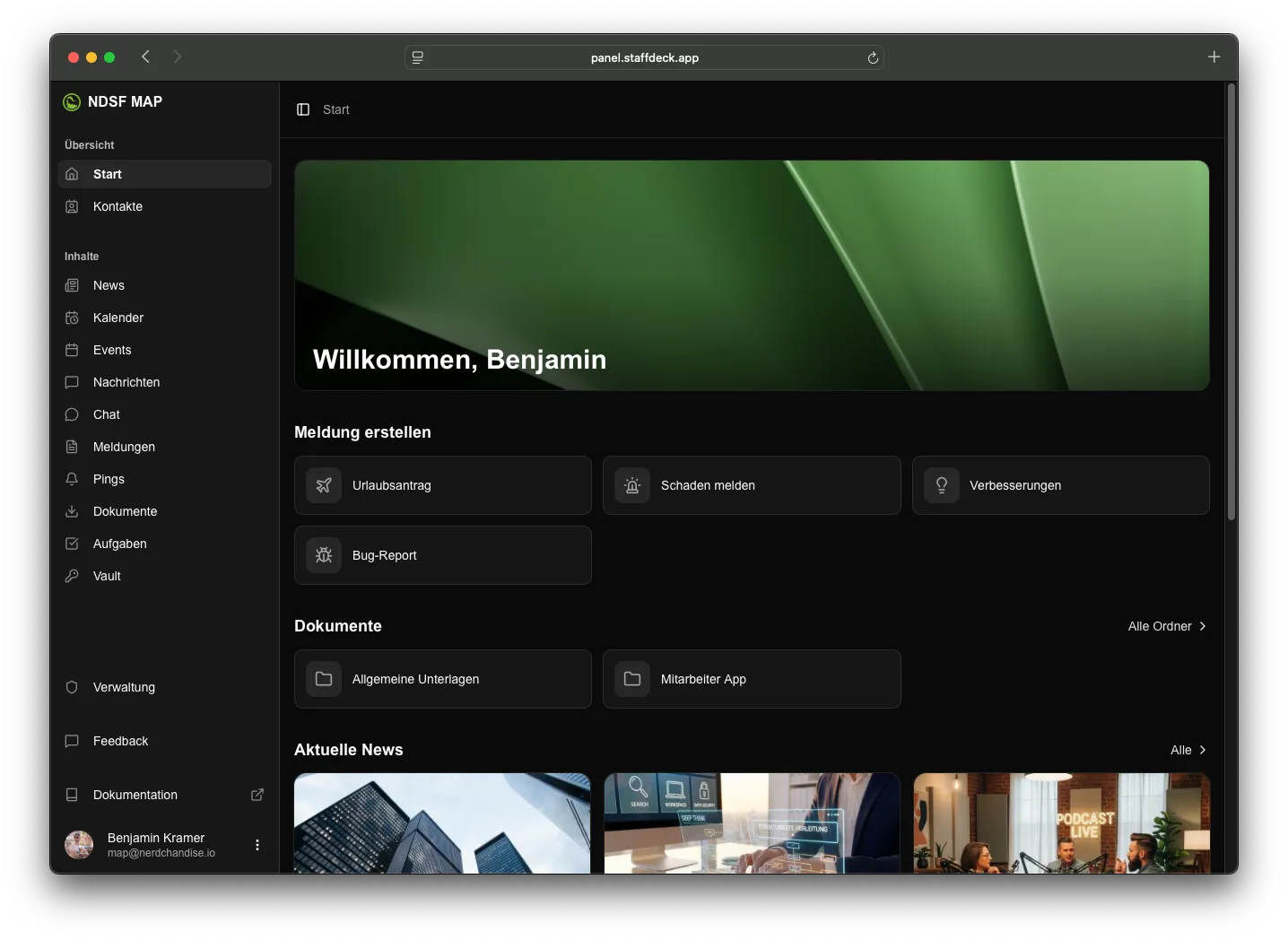 Startseite der Webversion mit Begrüßung, Schnellzugriffen auf Meldungen, Dokumentenordnern und aktuellen News