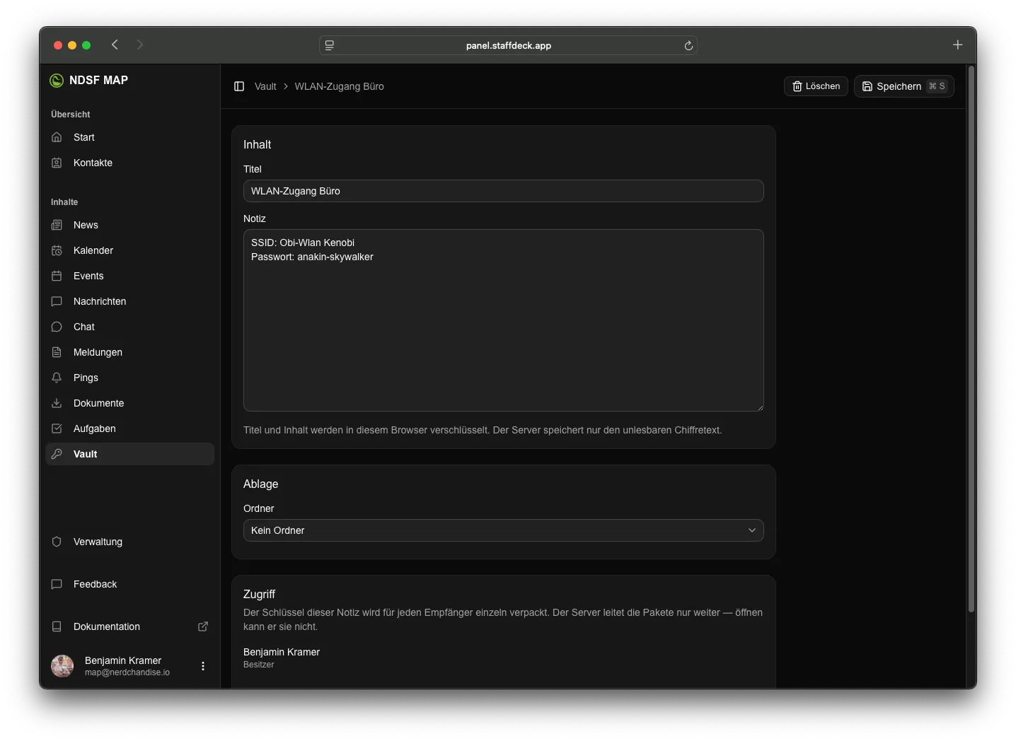 Eine verschlüsselte Notiz im Vault der Webversion mit Ordner und Zugriff